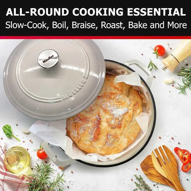 Alt view image 6 of 7 - Mueller Cast Iron Dutch Oven Pot with Lid, 6 Quart Enameled, Dual Handles, Stainless Steel Knob, Stew Pot, Induction Pot - For Braising, Roasting, Baking, Cast Iron Bread Pan with Lid, White