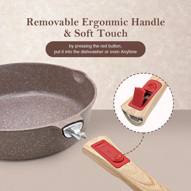 Alt view image 2 of 6 - 8 Inch Nonstick Ceramic Deep Frying Pan, Small Egg Omelette Pan with Removable Handle, Aluminum Sauté Pan Compatible with All Stovetops, Dishwasher& Oven Safe (Brown)