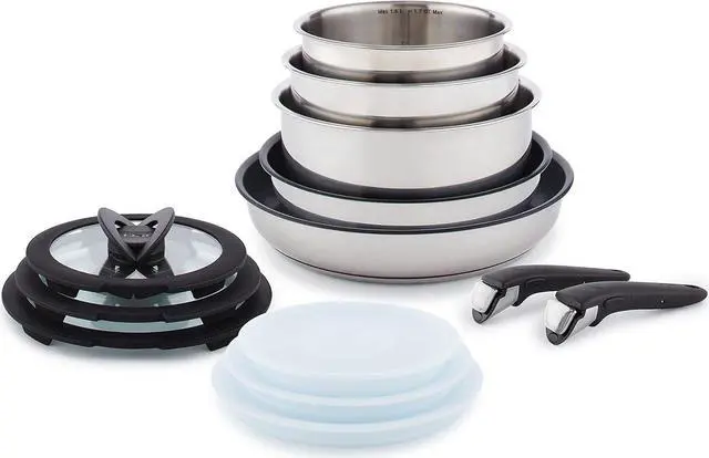 Main image of T-fal Ingenio Expertise Stainless Steel Cookware Set 13 Piece, Induction, Stackable Cookware, Pots and Pans Set, RV, Camping, Kitchen Fry Pans, Dishwasher Safe, Detachable/ Removable Handle, Silver