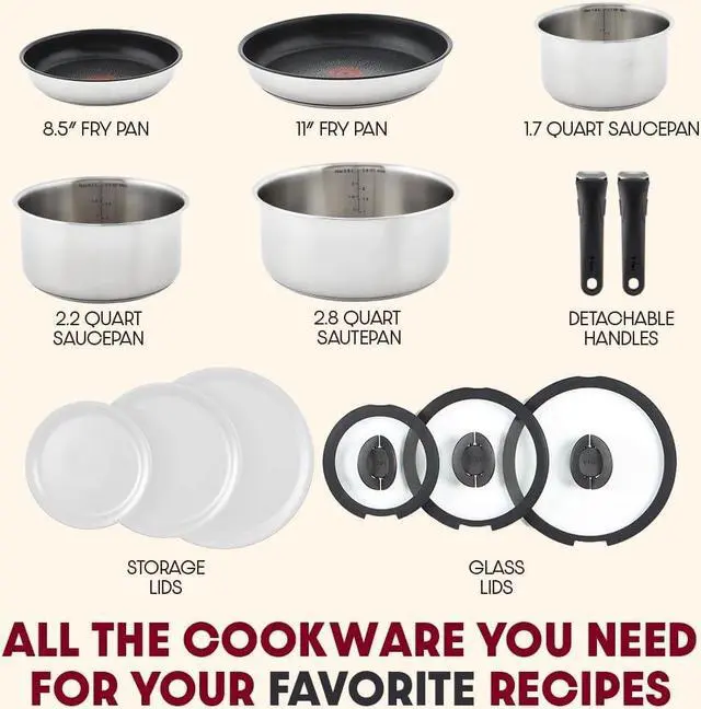 Alt view image 4 of 7 - T-fal Ingenio Expertise Stainless Steel Cookware Set 13 Piece, Induction, Stackable Cookware, Pots and Pans Set, RV, Camping, Kitchen Fry Pans, Dishwasher Safe, Detachable/ Removable Handle, Silver