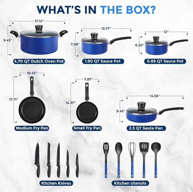 Alt view image 3 of 7 - SereneLife 20-Piece Blue Cookware and Knives Set - Includes Multi-Sized Nonstick Pots and Pans with Lids and Utensils, Heat Resistant, Dishwasher Safe