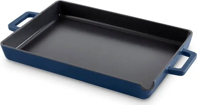 Alt view image 2 of 7 - DASH Zakarian by Dash 9"x13" Nonstick Cast Iron Pan with Pour Spout and Removable Silicone Grips for Searing, Baking, Broiling, Grilling and more - Blue