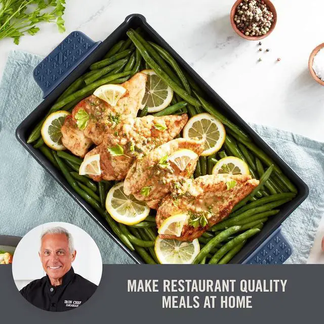 Alt view image 3 of 7 - DASH Zakarian by Dash 9"x13" Nonstick Cast Iron Pan with Pour Spout and Removable Silicone Grips for Searing, Baking, Broiling, Grilling and more - Blue