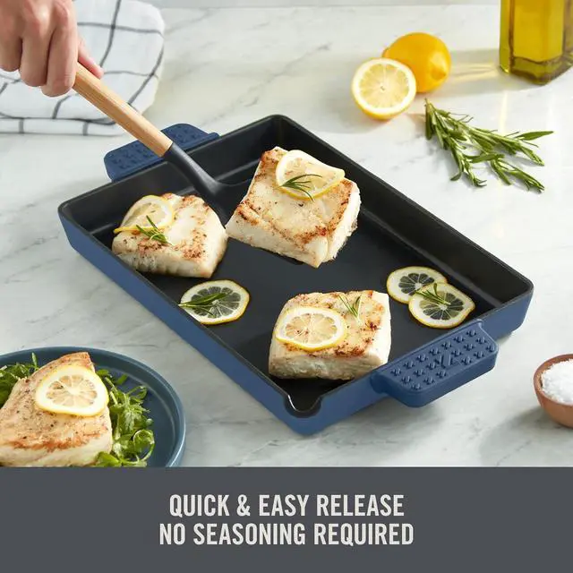Alt view image 5 of 7 - DASH Zakarian by Dash 9"x13" Nonstick Cast Iron Pan with Pour Spout and Removable Silicone Grips for Searing, Baking, Broiling, Grilling and more - Blue
