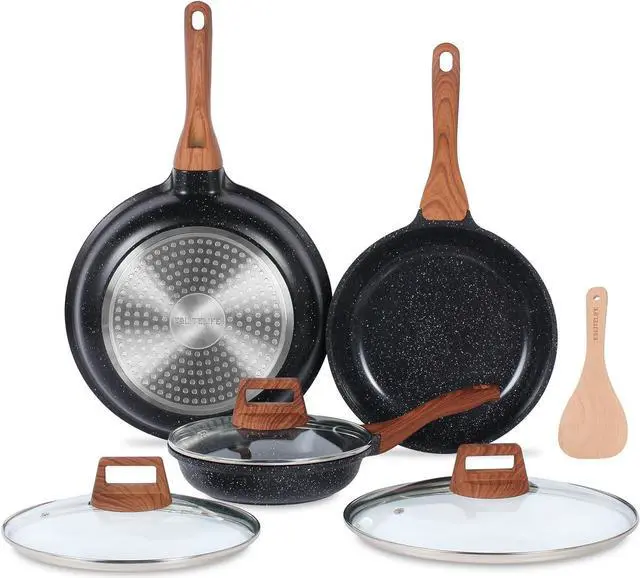 Main image of ESLITE LIFE Nonstick Ceramic Frying Pans Skillets Set with Lids, Non-Toxic Egg Omelette Kitchen Cooking Pans Compatible with All Stovetops (Gas, Electric & Induction), PTFE & PFOA Free (Black)