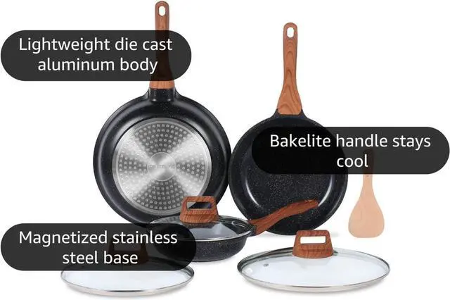 Alt view image 4 of 7 - ESLITE LIFE Nonstick Ceramic Frying Pans Skillets Set with Lids, Non-Toxic Egg Omelette Kitchen Cooking Pans Compatible with All Stovetops (Gas, Electric & Induction), PTFE & PFOA Free (Black)