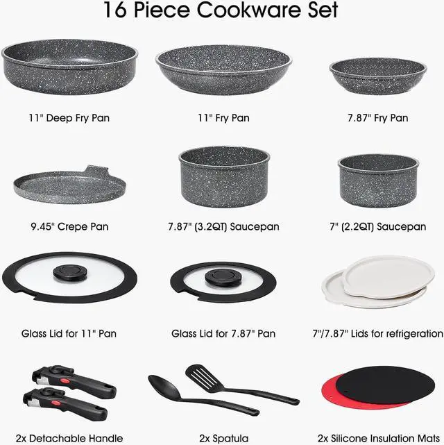 Alt view image 2 of 7 - ROSSETTO 16pcs Pots and Pans Set Non Stick from France, Ceramic Cookware Set with Removable Handle, Induction RV Kitchen Cookware Set, Stackable, PFOA and PFAS Free, Oven Safe, Black Granite