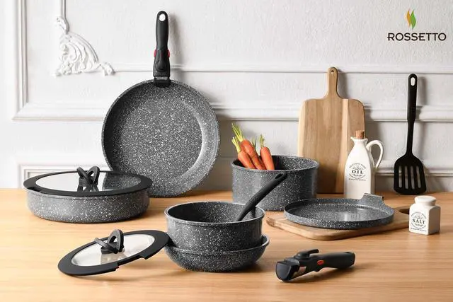 Alt view image 3 of 7 - ROSSETTO 16pcs Pots and Pans Set Non Stick from France, Ceramic Cookware Set with Removable Handle, Induction RV Kitchen Cookware Set, Stackable, PFOA and PFAS Free, Oven Safe, Black Granite