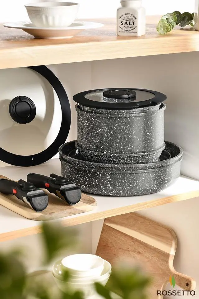 Alt view image 7 of 7 - ROSSETTO 16pcs Pots and Pans Set Non Stick from France, Ceramic Cookware Set with Removable Handle, Induction RV Kitchen Cookware Set, Stackable, PFOA and PFAS Free, Oven Safe, Black Granite