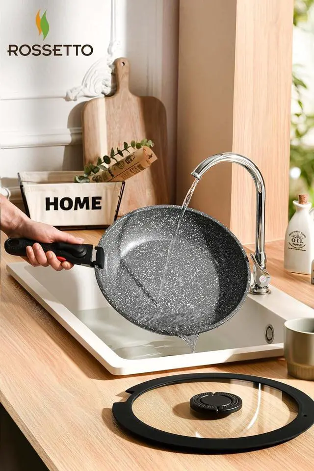 Alt view image 5 of 7 - ROSSETTO 16pcs Pots and Pans Set Non Stick from France, Ceramic Cookware Set with Removable Handle, Induction RV Kitchen Cookware Set, Stackable, PFOA and PFAS Free, Oven Safe, Black Granite