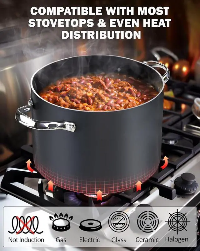 Alt view image 3 of 7 - Cooks Standard Stockpot Dutch Oven Casserole with Glass Lid, 8-Quart Classic Hard Anodized Nonstick Soup Pot, Black