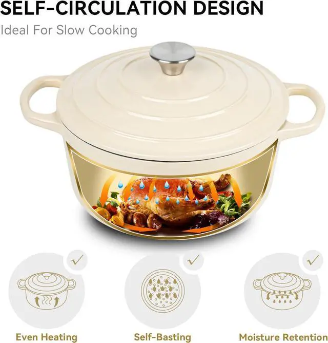 Alt view image 2 of 7 - Miereirl 6 QT Enameled Dutch Oven Pot with Lid, Cast Iron Dutch Oven with Dual Handles for Bread Baking, Cooking, Non-stick Enamel Coated Cookware (Beige)
