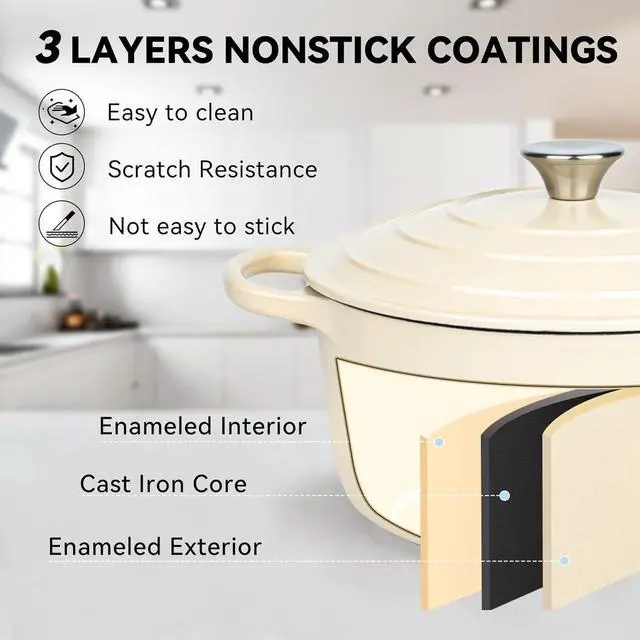 Alt view image 3 of 7 - Miereirl 6 QT Enameled Dutch Oven Pot with Lid, Cast Iron Dutch Oven with Dual Handles for Bread Baking, Cooking, Non-stick Enamel Coated Cookware (Beige)