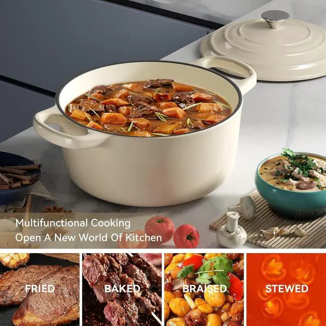 Alt view image 6 of 7 - Miereirl 6 QT Enameled Dutch Oven Pot with Lid, Cast Iron Dutch Oven with Dual Handles for Bread Baking, Cooking, Non-stick Enamel Coated Cookware (Beige)