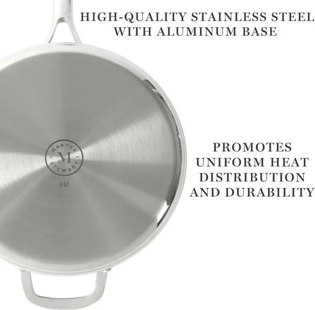 Alt view image 3 of 6 - Martha Stewart Delaroux Stainless Steel 4-Quart PFAs Free Premium Ceramic Nonstick Saute Pan w/Tempered Glass Lid
