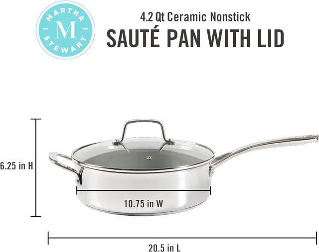 Alt view image 2 of 6 - Martha Stewart Delaroux Stainless Steel 4-Quart PFAs Free Premium Ceramic Nonstick Saute Pan w/Tempered Glass Lid
