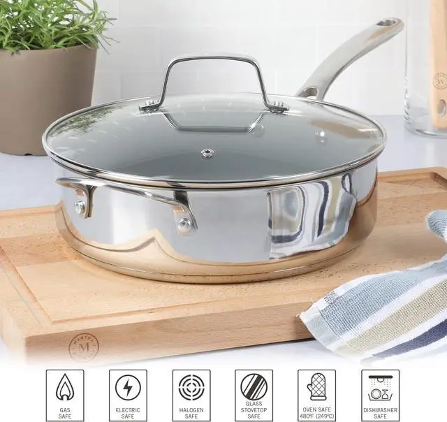 Alt view image 4 of 6 - Martha Stewart Delaroux Stainless Steel 4-Quart PFAs Free Premium Ceramic Nonstick Saute Pan w/Tempered Glass Lid