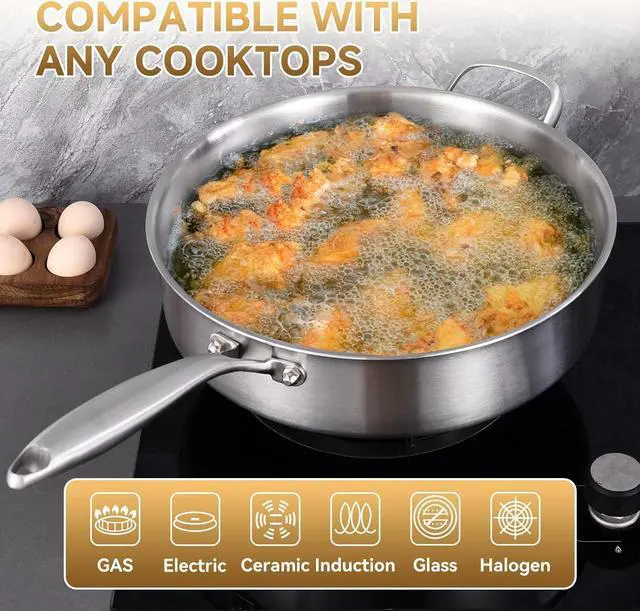 Alt view image 3 of 7 - Inqibee 7 Quarts Tri-Ply Stainless Steel Sauté Pan with Lid,12 Inch Induction Deep Frying Pan, Large Skillet,Jumbo Cooker, Dishwasher and Oven Safe,Detachable Handle.