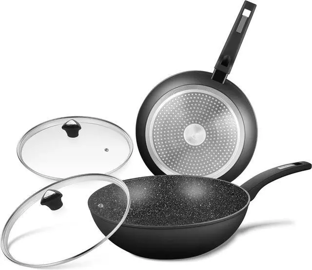 Main image of KOCH SYSTEME CS CSK 11+12in Nonstick Frying Pan Sets With Glass Lids-Cookware Sets With Stone-Derived Ultra Nonstick Coating,100% PFOA&APEO Free,Induction Available Frying Skillets,Wok Pans,4PC,Black