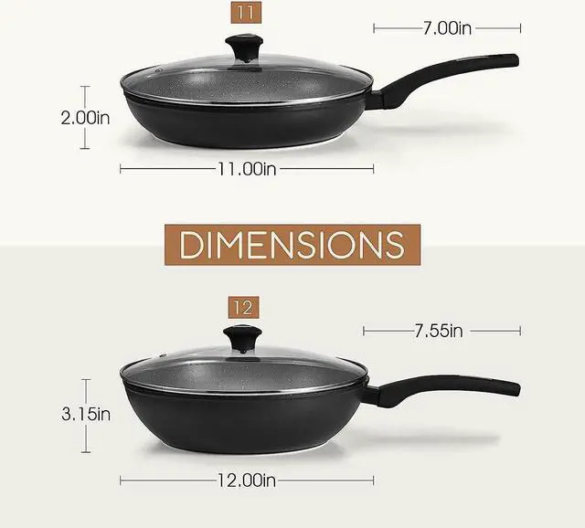 Alt view image 7 of 7 - KOCH SYSTEME CS CSK 11+12in Nonstick Frying Pan Sets With Glass Lids-Cookware Sets With Stone-Derived Ultra Nonstick Coating,100% PFOA&APEO Free,Induction Available Frying Skillets,Wok Pans,4PC,Black