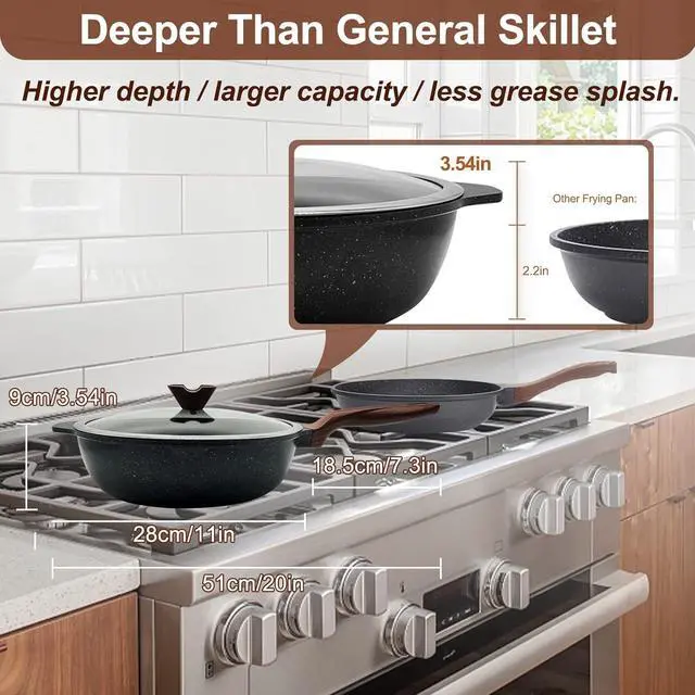 Alt view image 2 of 7 - Frying Pan with Lid Nonstick Skillet 11 Inch Wok Pan with Flat Bottom Woks & Stir-fry Pans for Electric, Induction and Gas Stoves