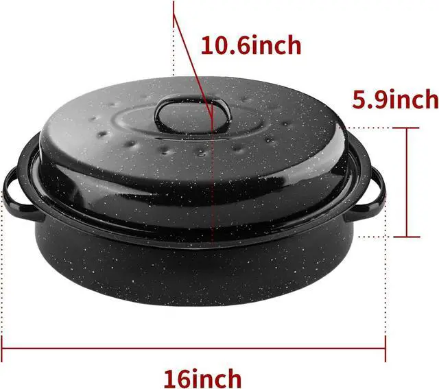 Alt view image 2 of 7 - 16Inch Roasting Pan, Enamel on Steel, Black Covered Oval Roaster Pan with Lid, Medium Cookware for Turkey, Small Chicken, Roast Baking Pan.