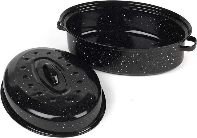 Alt view image 5 of 7 - 16Inch Roasting Pan, Enamel on Steel, Black Covered Oval Roaster Pan with Lid, Medium Cookware for Turkey, Small Chicken, Roast Baking Pan.