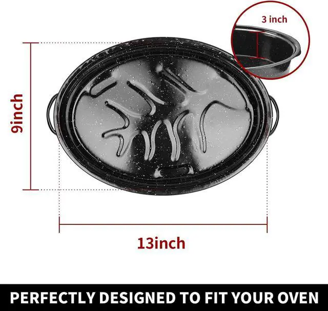 Alt view image 7 of 7 - 16Inch Roasting Pan, Enamel on Steel, Black Covered Oval Roaster Pan with Lid, Medium Cookware for Turkey, Small Chicken, Roast Baking Pan.