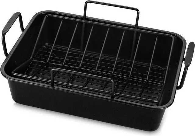 Main image of E-far Roasting Pan with Racks, Small Stainless Steel Turkey Roaster with V-Shaped & Cooling Rack for Oven, 14 Inch Nonstick Deep Broiler Pan with Handles for Baking Chicken Lasagna Meat, Heavy Duty