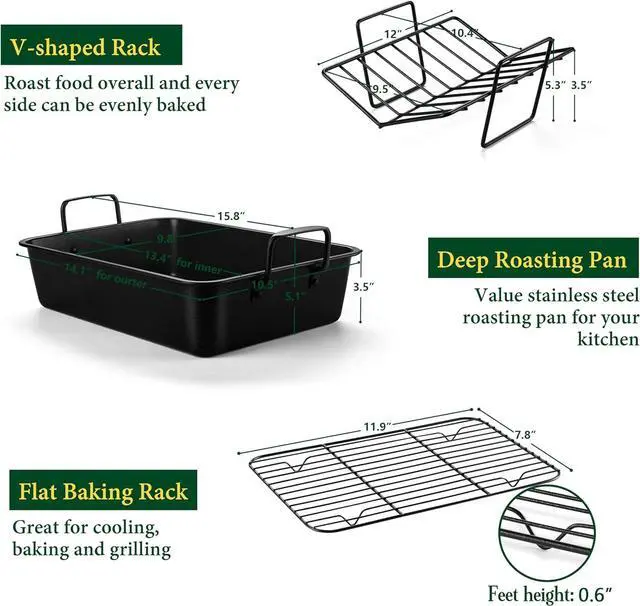 Alt view image 2 of 7 - E-far Roasting Pan with Racks, Small Stainless Steel Turkey Roaster with V-Shaped & Cooling Rack for Oven, 14 Inch Nonstick Deep Broiler Pan with Handles for Baking Chicken Lasagna Meat, Heavy Duty