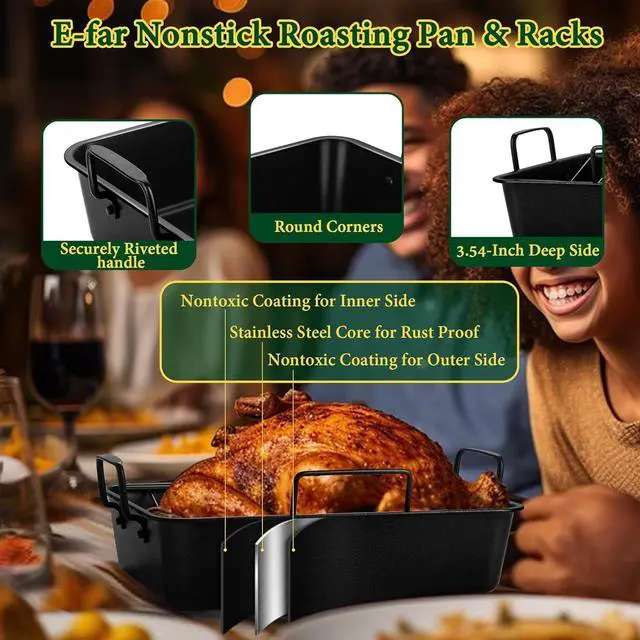 Alt view image 3 of 7 - E-far Roasting Pan with Racks, Small Stainless Steel Turkey Roaster with V-Shaped & Cooling Rack for Oven, 14 Inch Nonstick Deep Broiler Pan with Handles for Baking Chicken Lasagna Meat, Heavy Duty