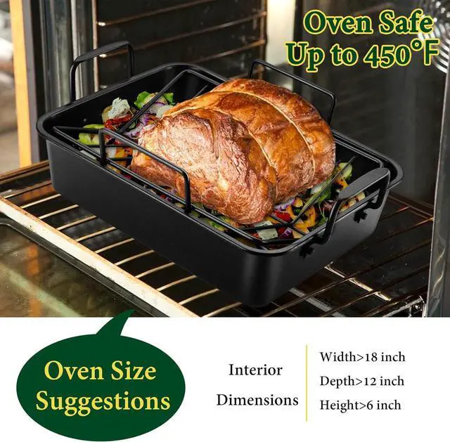 Alt view image 4 of 7 - E-far Roasting Pan with Racks, Small Stainless Steel Turkey Roaster with V-Shaped & Cooling Rack for Oven, 14 Inch Nonstick Deep Broiler Pan with Handles for Baking Chicken Lasagna Meat, Heavy Duty