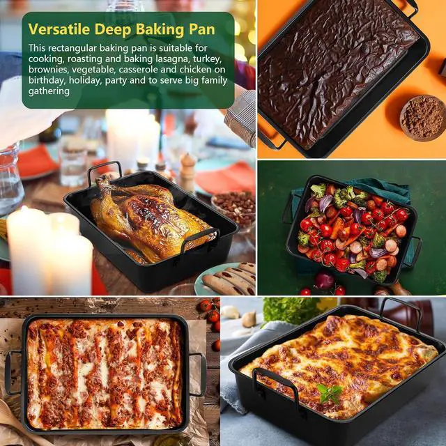 Alt view image 5 of 7 - E-far Roasting Pan with Racks, Small Stainless Steel Turkey Roaster with V-Shaped & Cooling Rack for Oven, 14 Inch Nonstick Deep Broiler Pan with Handles for Baking Chicken Lasagna Meat, Heavy Duty