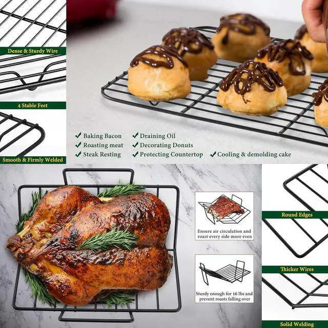 Alt view image 6 of 7 - E-far Roasting Pan with Racks, Small Stainless Steel Turkey Roaster with V-Shaped & Cooling Rack for Oven, 14 Inch Nonstick Deep Broiler Pan with Handles for Baking Chicken Lasagna Meat, Heavy Duty