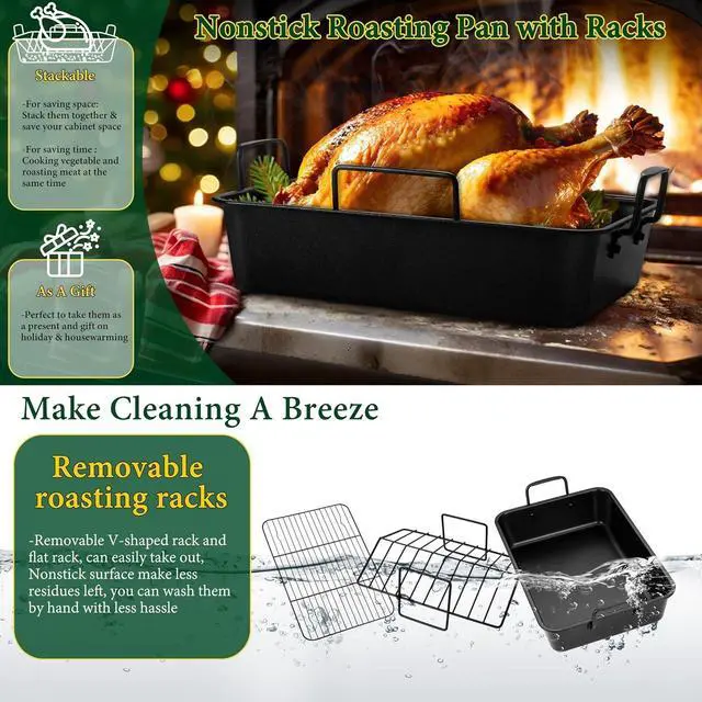 Alt view image 7 of 7 - E-far Roasting Pan with Racks, Small Stainless Steel Turkey Roaster with V-Shaped & Cooling Rack for Oven, 14 Inch Nonstick Deep Broiler Pan with Handles for Baking Chicken Lasagna Meat, Heavy Duty