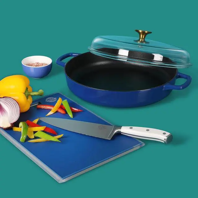 Alt view image 3 of 5 - Sur La Table Kitchen Essentials 3.75 Quart Enamel Cast Iron All In One Multi-Purpose Non-Toxic Nonstick Braiser Pan W/Borosilicate Glass Lid - Blue