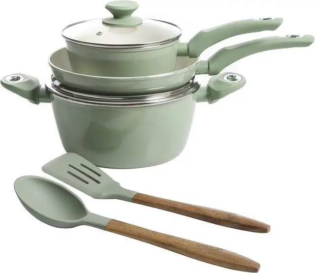 Alt view image 2 of 6 - Gibson Home Plaza Café Forged Aluminum Healthy PFA-Free Ceramic Pots and Pans Cookware Set, 7-Piece Set, Mint Green