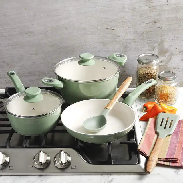 Alt view image 6 of 6 - Gibson Home Plaza Café Forged Aluminum Healthy PFA-Free Ceramic Pots and Pans Cookware Set, 7-Piece Set, Mint Green