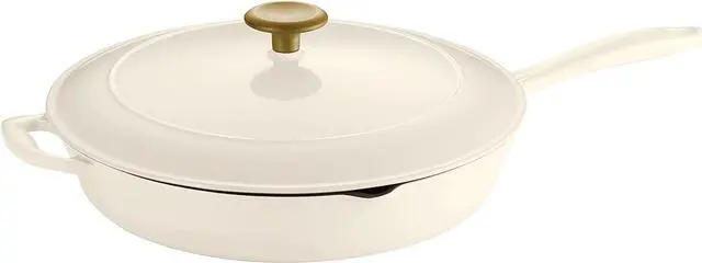 Main image of Tramontina Enameled Cast Iron Skillet with Lid, 12-inch Frying Pan, Latte with Gold Knob