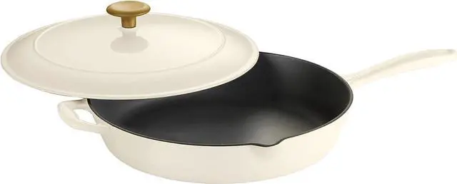 Alt view image 2 of 7 - Tramontina Enameled Cast Iron Skillet with Lid, 12-inch Frying Pan, Latte with Gold Knob