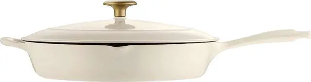 Alt view image 4 of 7 - Tramontina Enameled Cast Iron Skillet with Lid, 12-inch Frying Pan, Latte with Gold Knob