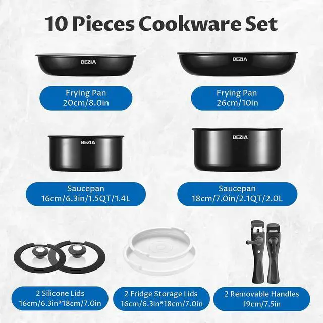 Alt view image 2 of 7 - BEZIA Induction Cookware with Healthy Ceramic Coating, Camping Pots and Pans Set Nonstick 10pcs with Detachable Handles, Induction RV Kitchen Set with Removable Handles, Oven Safe