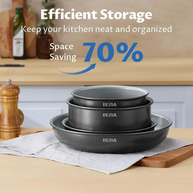 Alt view image 7 of 7 - BEZIA Induction Cookware with Healthy Ceramic Coating, Camping Pots and Pans Set Nonstick 10pcs with Detachable Handles, Induction RV Kitchen Set with Removable Handles, Oven Safe