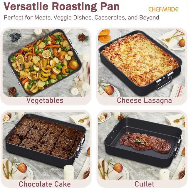 Alt view image 5 of 6 - CHEFMADE Roasting Pan, 16-Inch Non-Stick Turkey Roaster Lasagna Pan with Rack - Rectangular Deep Dish Chicken Roaster Pan 16.3" x 12.52" x 3.11"(Black)