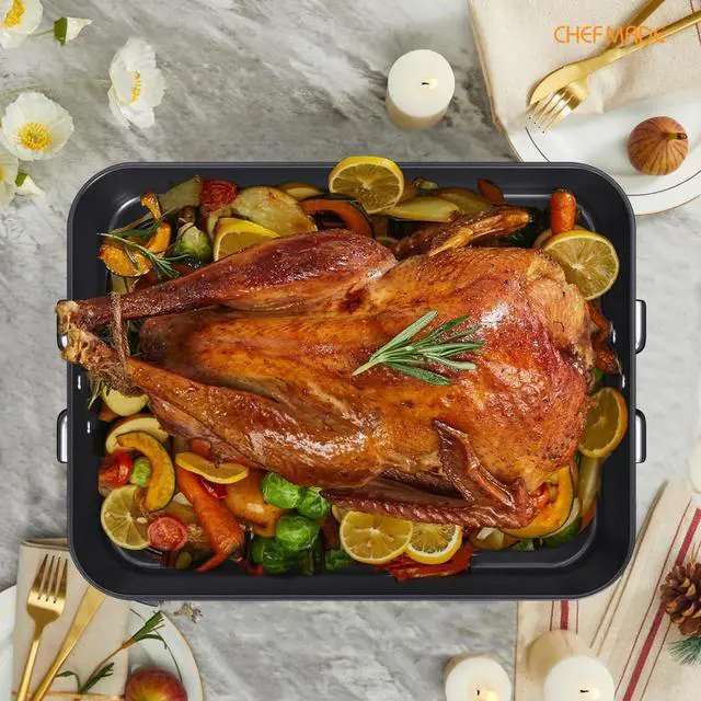 Alt view image 3 of 6 - CHEFMADE Roasting Pan, 16-Inch Non-Stick Turkey Roaster Lasagna Pan with Rack - Rectangular Deep Dish Chicken Roaster Pan 16.3" x 12.52" x 3.11"(Black)