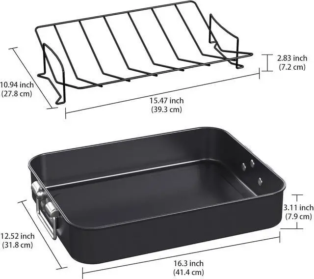 Alt view image 2 of 6 - CHEFMADE Roasting Pan, 16-Inch Non-Stick Turkey Roaster Lasagna Pan with Rack - Rectangular Deep Dish Chicken Roaster Pan 16.3" x 12.52" x 3.11"(Black)