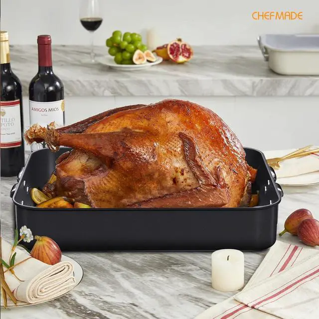 Alt view image 4 of 6 - CHEFMADE Roasting Pan, 16-Inch Non-Stick Turkey Roaster Lasagna Pan with Rack - Rectangular Deep Dish Chicken Roaster Pan 16.3" x 12.52" x 3.11"(Black)