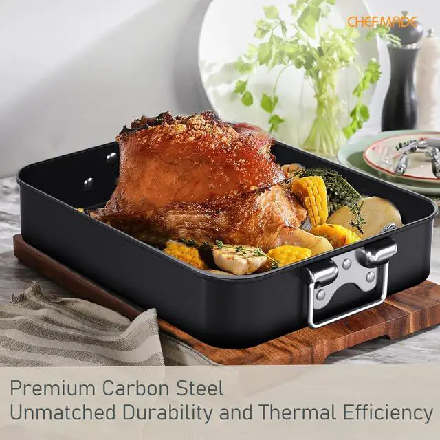 Alt view image 6 of 6 - CHEFMADE Roasting Pan, 16-Inch Non-Stick Turkey Roaster Lasagna Pan with Rack - Rectangular Deep Dish Chicken Roaster Pan 16.3" x 12.52" x 3.11"(Black)