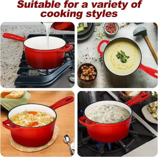 Alt view image 7 of 7 - HaSteeL 2 QT Cast Iron Saucepan, Mini Enamel Dutch Oven with Lid, Small Non Stick Pan for Milk, Pasta Tomato Sauce, Butter, Breakfast, Soup, Suitable for Boiling Stewing Frying, Easy to Clean, Red
