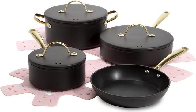 Main image of Paris Hilton Iconic Nonstick Pots and Pans Set, Multi-layer Nonstick Coating, Matching Lids With Gold Handles, Made without PFOA, Dishwasher Safe Cookware Set, 10-Piece, Black